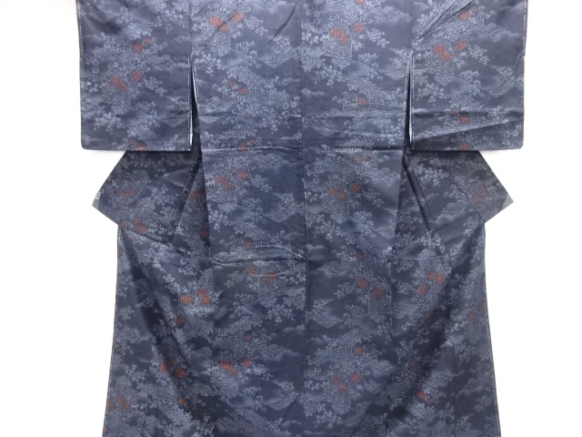 JAPANESE KIMONO / ANTIQUE KIMONO / SILK / TSUMUGI / WOVEN FLORAL PLANTS